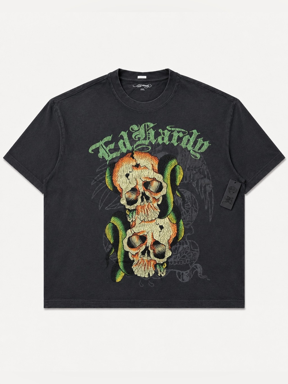 Ed Hardy Y2K Streetwear Skull Snake Graphic Rhinestone Tee Vintage Black XXL